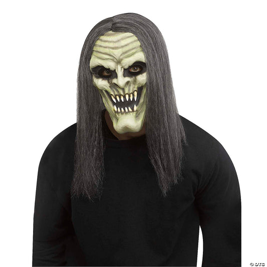 Adults Green Demon Vampire Full Mask With Gray Hair - One Size