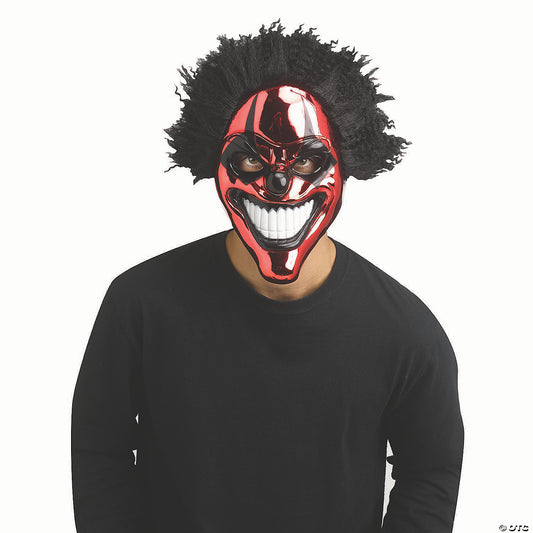 Adults Red Chrome Evil Clown Full Mask With Black Hair - One Size