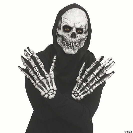 Adults Grey Skull Mask With Hood & Long-fingered Gloves - One Size