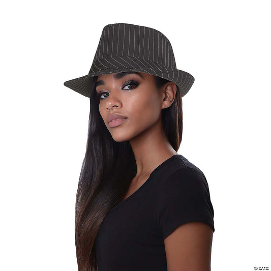 Adults Black With White Pinstripe Polyester Fedora Hat Costume Accessory