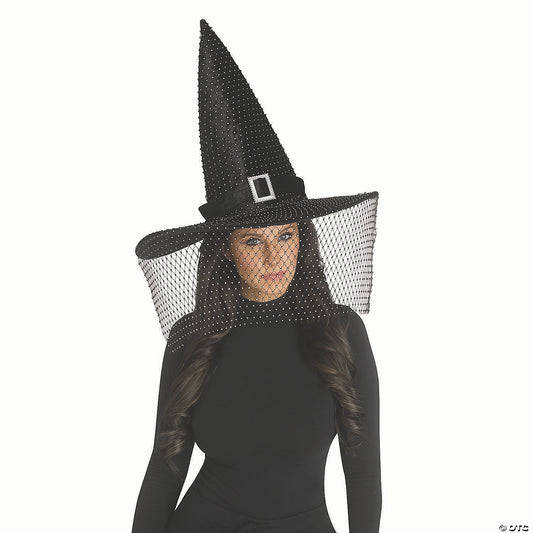 Adults Black Polyester Witch Hat With Bling Buckle And Netted Veil Costume Accessory