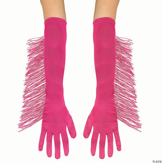 Adults Long Polyester Gloves With Pink Fringe Costume Accessory