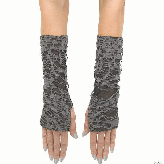 Adults Black & Gray Long Tattered Fingerless Sleevelets Costume Acesssory