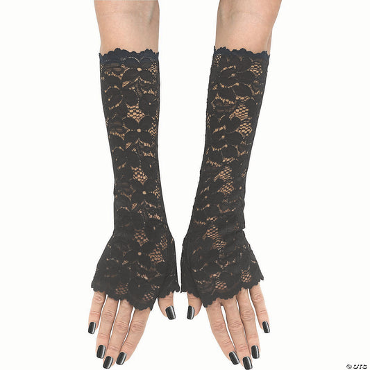 Adults Black Stretch Lace Long Fingerless Sleevelets Costume Accessory