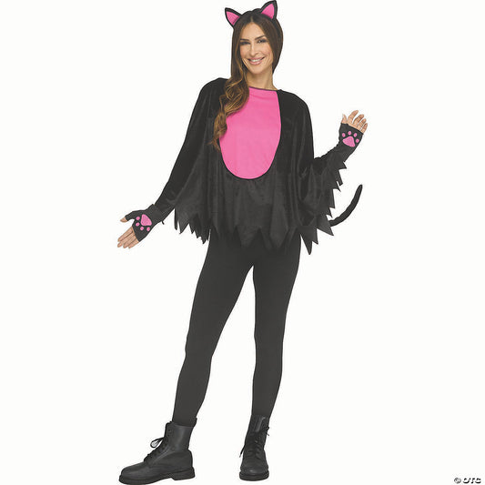 Adults Black & Pink Polyester Pretty Kitty Poncho Costume Accessory