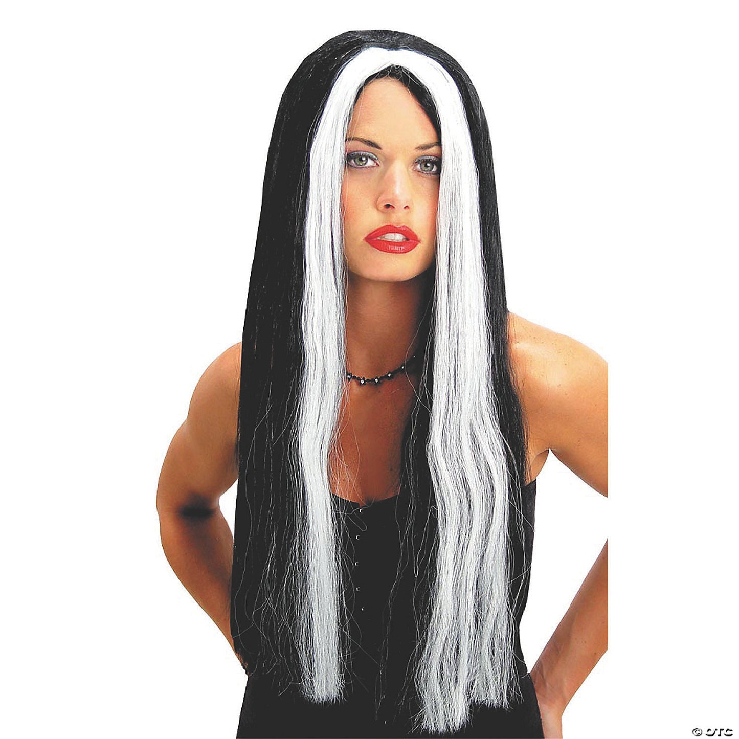 Adults Black With White Streak Long Wig